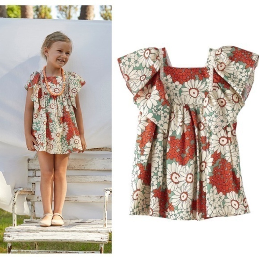 Nanos Orange Green Field Of Flowers Print Babydoll Dress 7